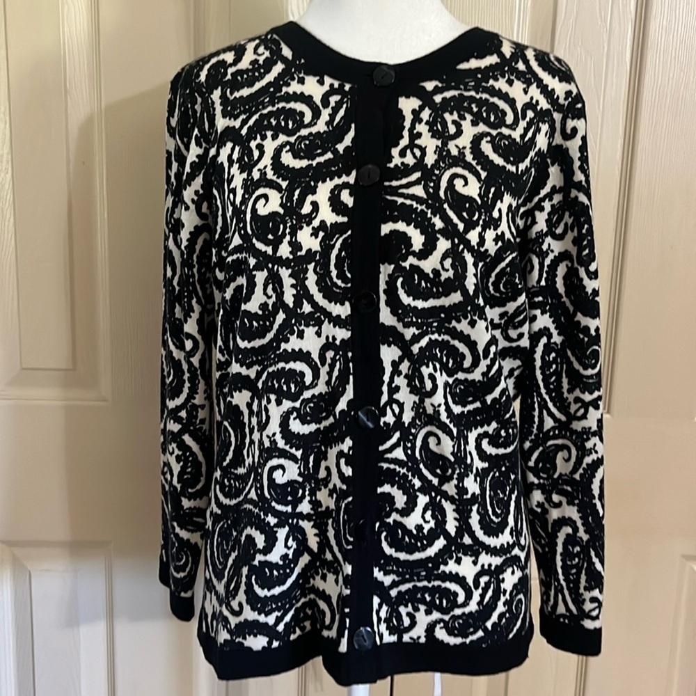 TALBOTS Merino Wool Paisley Cardigan Black Cream (289T)